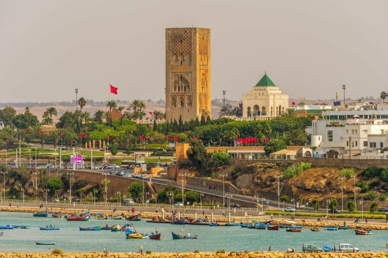 Panoramic view of the Kasbah of the Udayas in Rabat overlooking the Bou Regreg estuary and Atlantic Ocean.