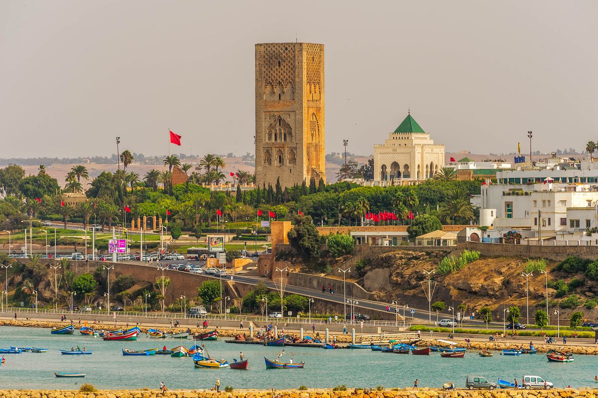 Panoramic view of the Kasbah of the Udayas in Rabat overlooking the Bou Regreg estuary and Atlantic Ocean.