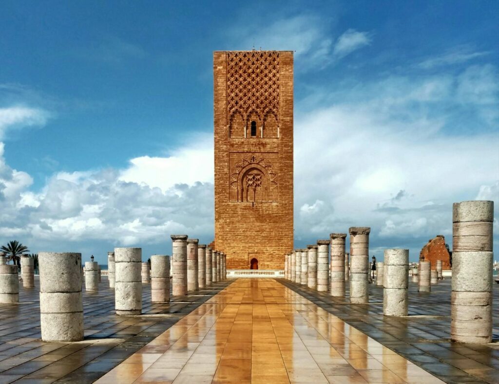 The unfinished Hassan Tower minaret surrounded by ancient columns in Rabat, Morocco