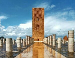The unfinished Hassan Tower minaret surrounded by ancient columns in Rabat, Morocco