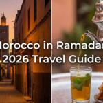 Morocco in Ramadan 2026 travel guide featuring Koutoubia Mosque and traditional Iftar food